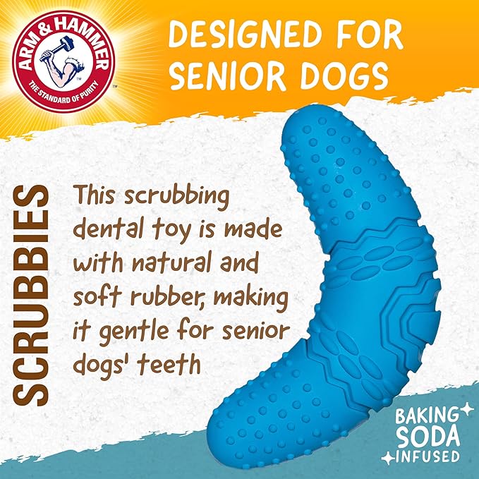 Baking Soda Infused Dental Toy for Dogs - This Arm & Hammer for Pets product is infused with baking soda and features nubbies and scrubbies textures that soothe gums and scrub away food build-up while they chew.
7” Toy Designed for Senior Dogs - The Scrubbies Senior Boomerang Dental Chew Toy is made with natural and soft rubber, making it gentle for senior dogs' teeth.
Great for Interactive Play - This dog toy is sturdy enough to handle interactive play sessions, perfect for keeping your senior dog entertained and bonding with your pet.
Unique Shape for Fetch – This toy’s unique boomerang shape makes it easy to use in a round of fetch, as well as easy to grip for solo chew sessions.
Self-Soothing Chew Sessions - It's not just a play toy, this senior dog toy also serves as a chew toy that provides self-soothing sessions for your dog.