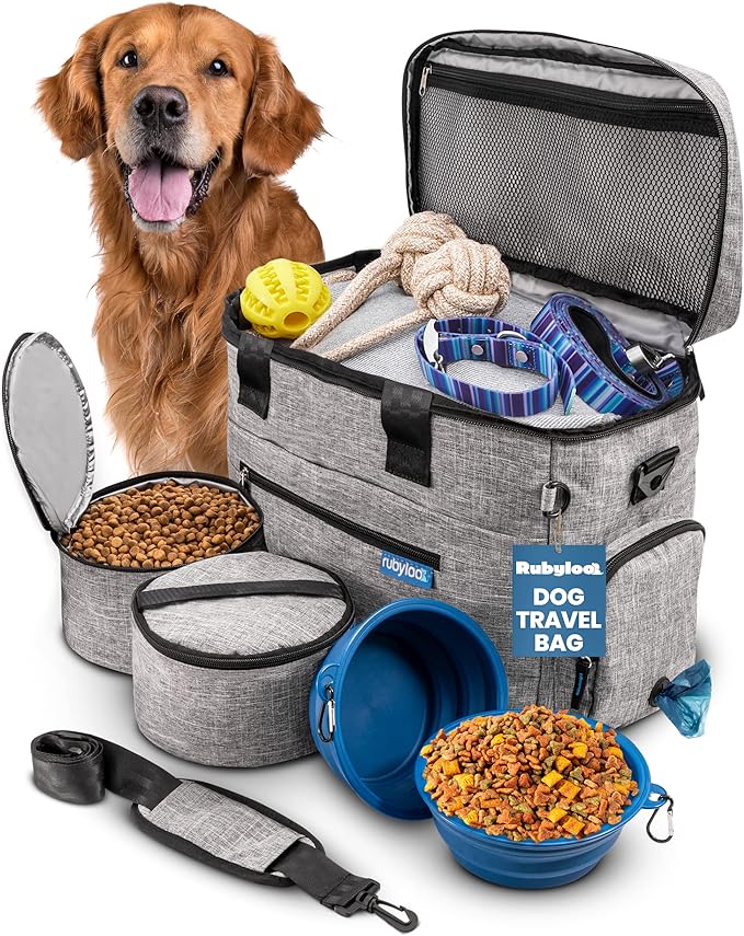 The Original Doggy Bag™ - Complete Dog Travel Bag for Supplies - Includes 2 BPA-Free Travel Dog Bowls and 2 Dog Food Travel Containers - for Road Trips, Camping, RV or Weekend Away