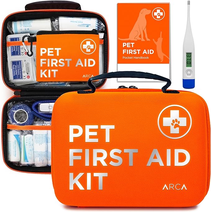 Dog First Aid Kit - Vet Approved Dog & Cat Emergency Supplies with Thermometer, Muzzle, Tick Removal, Flashlight, Mini Pouch, and Comprehensive Care Guide for Travel and Outdoor Use