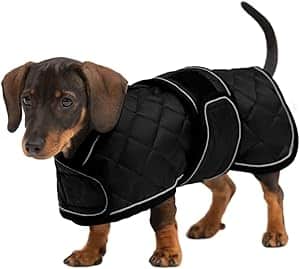 bout this item
1.Great quality waterproof and windproof dog coat made to a special shape, suitable for Dachshunds and similar breeds.
2.Strong durable outer fabric with quick fastening adjustable body and front straps.
3.Features a warm fleece lining, reflective piping, fold down high neck wither flap and lead slot.
4.Fashionable dachshund coats waterproof will make your dog look more cute!High permeability, soft texture, no odor, comfortable to wear, and does not affect the dog's walking.
5.Easy to clean: you can wipe the surface of the dachshund coat with a damp cloth that has been wrung out, or you can wash it by hand and machine.