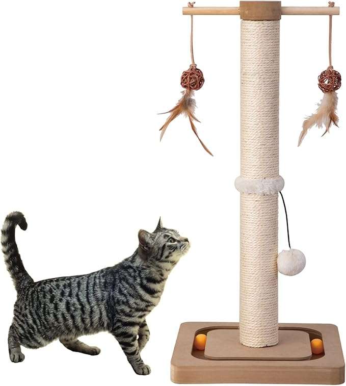 Sisal fiber scratching posts help keep nails healthy,Interactive toys at the bottom and 2 birds on the branches give the cat more fun,Helps keep your cat from damaging carpets, furniture, curtains. toys will draw the cat away from the furniture.
Natural and Premium Quality:Made of environmental-friendly material which is harmless to your cat.Cat Scratch Post is made of recyclable thickened paper tubes, and wrapped with naturally sisal ,The bases is made of strong P2-MDF wood.
Sturdy and safe: Square base prevents tilting and rocking, 1.2 inch thickened base provides greater reliability and stability.
Easy assembly , quick and simple screw assembly, including screws and wrenches.Two different assembly methods provide different interesting effects for kittens and cats.
Measures 11.8 x 11.8 x 25 inches (LxWxH).Designed for indoor use,Neutral color tones fit in with your home's existing decor
After-Sale Service: No matter what problems you may encounter, you can contact us anytime.We will try our best to let you enjoy every shopping at PEEKAB.