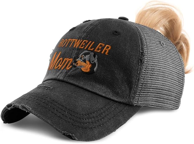 Custom Womens Ponytail Cap Rottweiler Mom A Embroidery Distressed Trucker Hats