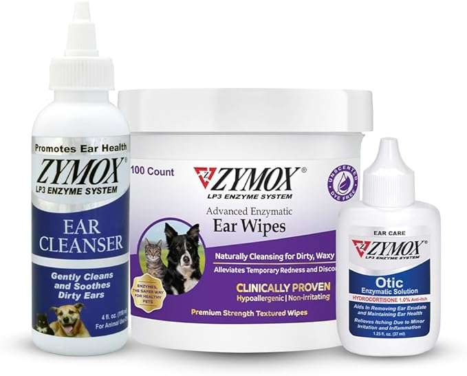 Zymox Enzymatic Ear Wipes, Ear Cleanser, & Otic Ear Solution for Dogs and Cats - Product Bundle - for Dirty, Waxy, Smelly Ears and to Soothe Ear Infections, 100 ct, 8 oz and 1.25 oz