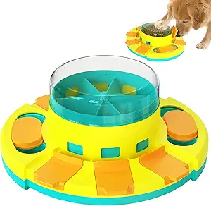 Multi-functional Dog Toy】This is a dog puzzle toys feeder with multi-functions, a combination of slow feeding toy, dog enrichment toys, IQ training pet supplies and other functions, it can help improve pets intelligence.
【Slow Down Feeding】Dog interactive toys can make your pet eat slower, and prevent any stomach problems, as well as the treat dispenser toy to reward your pet with kinds of food. Pets would enjoy the fun feeding.
【Easy to Use】Dog puzzle toys have 6 flip type lids, you can add food to the granary, pets press down on the transparent lid, food will fall into the leaky food-box. Pets also can eat food by moving 2 sliding lids. In the beginning, you can try helping your pet to smell and find food with its paw.
【Durable & Safe & Easy to Clean】The puzzle feeder for dogs is made of food-grade heavy duty PP+PC material strong enough for daily use and bottom non-slip pad design to ensure its sturdy. In addition it is easy to clean by hand.
【IQ Training】This is a dog puzzle toy feeder combining the functions of slow food toys, pet rich toys, IQ training pet supplies, and other functions. Let your dog search for treats by pressing the granary button and in the dog food outlet and slider, Can help pets improve IQ and mental stimulation.