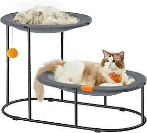 【TWO LEVELS, TWICE THE DELIGHT】Elevate your furry friends’ lounging experience with this 2-tier pet bed. Making full use of vertical space, it provides 2 cozy sleeping spots as well as climbing fun, perfect for multi-cat family
【FITS ANY SLEEPING POSITION】Designed with an oval shape and a sunken design, this raised cat bed perfectly cradles your pet's body. They’ll enjoy a restful sleep in any position, whether curled in a ball, sprawled out, belly up, or on their side
【COMFY, COOL, CLAW-FRIENDLY】The edges are well-padded for your cat to comfortably rest their head on. The breathable-yet-dense synthetic mesh fabric keeps your little furball cool in the summer while preventing stuck claws
【QUALITY YOU CAN RELY ON】Supported by a steel frame, the elevated pet bed is strong and stable, holding up to 20 lb on the top bed and 28 lb on the bottom bed. The quality synthetic fabric is tear-resistant, so sharp claws won't rip it
【EASY-PEASY MAINTENANCE】Say goodbye to tedious cleaning! Simply wipe with a damp cloth to keep your pet's space hygienic. What’s better, the fabric mesh is removable and washable, making it a cinch to refresh your feline’s dream retreat