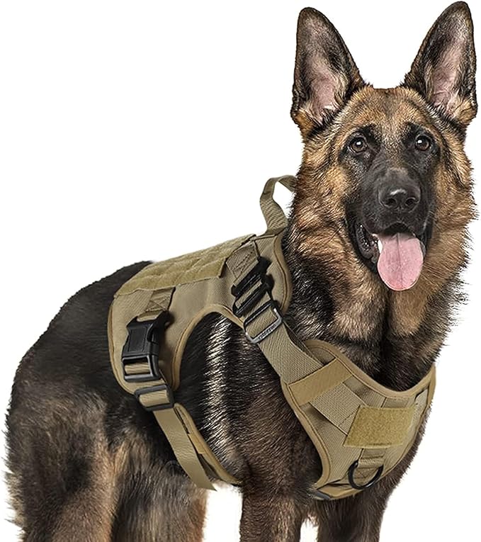 rabbitgoo Tactical Dog Harness for Large Dogs, Heavy Duty Dog Harness with Handle, No-Pull Service Dog Vest Large Breed, Adjustable Military Dog Vest Harness for Training Hunting Walking, Brown, L