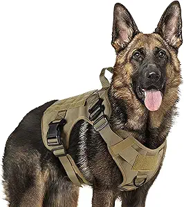 rabbitgoo Tactical Dog Harness for Large Dogs, Heavy Duty Dog Harness with Handle, No-Pull Service Dog Vest Large Breed, Adjustable Military Dog Vest Harness for Training Hunting Walking, Brown

Large Dog Molle Vest: Neck Girth: 26.4” - 34.6” (67.1 - 87.9cm), Chest Girth: 33” - 41.3” (83.8 - 104.9cm), Belly Length: 13.3” - 17.7” (33.8 - 45cm), Back Length: 11.4” (29cm). Ideal for Large Breeds such as German Shepherds, Belgian Malinois, Golden Retrievers, Huskie, Labrador, Akita, etc. A professional working dog vest for service, police, or military dogs, but also suitable for hunting and all outdoor companion dogs
Military-standard Material: Heavy duty vest made of 1050D Nylon with sturdy stitching for extra durability and wearability, suitable for all field use. Two Metal Shoulder Buckles can bear great pulling force, ensuring your dog is safely harnessed during training, hunting, working, and any other occasion. Well padded in every pressure load point to protect your dog, while the breathable air mesh keeps your dog ventilated and comfortable
Practical Design For Versatile Use: Molle system equipped on both sides for pouches, water bottles, and tactical dog gear. Multiple Hook & Loop Panels for morale patches and badges to showcase your dog’s personality. A wide range of use for personal service, law enforcement, hunting, or outdoor recreation