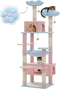 🌸Charming Floral Design: Different from normal cat trees, our enchanting flower cat tree blending with pink and blue color, is not only an eye-catching paradise that provides perfect play and rest area for your feline friends, but also fresh your living room as decoration. Luxurious soft fabric on every level, especially 2 top large flower perches, giving your kitty the royal treatment with purr-worthy nap.
🌸72" Tall, Endless Climbing Fun: With the total height of 72" in 8-level structure, the super large cat tree is perfect for 4-5 big cats who love climbing up and down together. The needs of scratching, climbing, sleeping and exercising can also be fully satisfied! Especially the unique rectangle super large cat condo and wide hammock are much larger than normal ones and perfect for cats resting together.
🌸Unique Wide&Vertical Scratching: Cats love to scratch. The unique scratching pad with the large size of 10.2"X6.7" on the bottom provides one more horizontal area for cats sharpening nails and having fun. Plus, with 7 reinforced posts wrapped with natural sisal on multiple levels, they can scratch to their hearts' content and keep away from expensive furniture!
🌸Designed for Large Cats: Featuring a super large hammock, it is stable&wide enough to support your 2 fatty furry friends having a catnip.And the extra spacious cat condo measuring 21"X12"X10" perfectly satisfy the needs of sleeping and playing. Fully stretching their bodies, Lounging for a nap, playing hide-and-seek, chubby cats(like Marine Coon and Ragdoll between 15-20 lbs) could do whatever they want in this condo paradise.
🌸100% Satisfied Guarantee: Do not worry about assembly. We have illustrated instructions to guide you through the assembly and PAWZ Road will always be here to provide you with considerate and professional customer service both before and after your purchase.