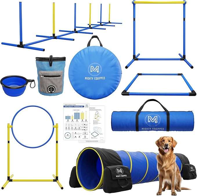 LEVEL UP YOUR DOG'S TRAINING with the MIGHTY EQUIPPED Dog Agility Course Set. This dog agility set has everything you need to improve their holistic skills. Plus, the included portable water bowl ensures your furry pet stays hydrated throughout the session
EASY TO ASSEMBLE: Our dog obstacle course equipment set streamlines the assembly process. With clear, step-by-step instructions, you and your dog can get started quickly, letting you concentrate on what truly matters — your dog's progress
TRAIN INDOOR OR OUTDOOR and experience uninterrupted drills with this dog training equipment. Whether you're creating an indoor play arena or a thrilling backyard challenge, our outdoor dog training set effortlessly adapts to every setting
STURDY AND SECURE: No more wobbly obstacle course for dogs or unexpected mishaps. Our unique U-shaped pegs ensure each agility poles remains firm on the ground, providing unmatched stability even during the most energetic runs