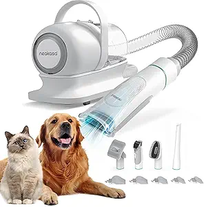 【All-in-one Professional Grooming】This pet grooming clippers come with 5 proven tools: Grooming brush and Rake brush to help prevent damaging the topcoat whilst promoting a soft, smooth, healthier skin & coat for your pet; Electric clipper provides excellent cutting performance; Nozzle head and Cleaning brush can be used for collecting pet hair falling on the carpet, sofa and floor.
【Vaccumable Pet Grooming Kit】: Traditional home grooming tools bring about a lot of mess and hair in the home. But our P1 Pro grooming kit with vacuum function collects 99% of pet hair into a vacuum container while trimming and brushing hair, which can keep your home clean, and there’s no more tangled hair and no more piles of fur spreading all over the house.
【5 Comfortable Guard Comb】Adjustable trimming combs (3mm/6mm/12mm/18mm/24mm) suitable for trimming hair of different lengths. The detachable guide comb allows for quick and easy changing, enhancing versatility.
【Low Noise Design】: Pet clippers for dogs with low noise design to help the pet feel at ease and no longer afraid of haircut. We suggest grooming your pet with our brush before trimming pet hair, treating your pet with little snacks to avoid making your pet nervous because of vacuuming noise, which conclusively makes the grooming experience even more enjoyable.
【After-Sales Service】: Neabot P1 Pro Pet Grooming Kit & Vacuum provides 1 Year Warranty & 45 Days No-Worry Return. 7*24 customer service after your purchase. If you have any problems, please feel free to contact us via message.