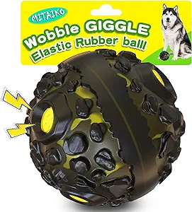 FUNNY GIGGLE SOUND - Dogs know best in choosing their toys. This wobble ball dog toy for aggressive chewers will make a fun giggle sound to attract your dog's attention when rolled or shaken, which will keep your dog entertained for hours inside or outside. It will become their favorite toy in no time. It does not require any batteries thanks to the internal tube noisemakers inside the ball.
DURABLE & HIGH ELASTICITY - This chew toy ball is specially designed to built with Double Layer Structure: an elastic and very chewy rubber surface and a thick core. It is durable for aggressive chewers yet is soft on dog's mouths.
TEETH CLEANING - The surface of this wobble dog ball is full of meteorite shape nubbles. While chewing, the meteorite shape nubbles will help the dog clean its teeth. It is an effective way to remove the food residue left between the teeth, covering the full protection to your dog's dental health.
DOGS' FAVOURITE TOY - The wobble toy ball helps enrich the human-pet bond, improve their intelligence, reduce the anxiety, teeth grinding and prevent the boredom. Just keep your pup active and entertained throughout the day!
Food-grade Material & Instructions for Use - We pay special attention to the dogs' health and safety. This ball is made of non-toxic, food grade and eco-friendly 100% natural rubber. After receiving the toy, please read the description on the packing box and bag to know the correct use of the toy. As always, make sure to supervise your pet during playtime! If there is a problem with the toy, just click "Contact us" and we will be glad to provide after-sales service.