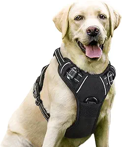 Large Dog Harness - Recommended Breeds: Medium to Large Dogs, such as Golden Retriever, Siberian Husky, Labrador, German Shepherd, Akita, Chow Chow, Schnauzer Giant etc. Please measure your dog's neck and check girth carefully before purchasing this present for your puppy. Make your puppy stand out with this Classic Black Harness
No Pull, No Choke - Our non-pulling dog harness is specially designed with 2 metal leash rings for safer dog walks. Use the chest attachment clip to stop your dog from pulling on walks, perfect for dog training or dogs who tend to pull. The back one is great for casual walks, jogging, hiking, etc
Easy to Use - This hassle-free overhead harness is easy to put on and take off with its 2 fast-release buckles. Slide the harness over your dog's head, buckle it up, adjust the straps, and here you go! Grab the top handle for additional control. Lightweight and easy to clean
Fully Adjustable - This adjustable harness features 4 easy adjusting straps around the body. You can use its 2 neck straps and 2 chest straps to create a perfect fit for your dog with some room of growth. No worries about slipping out or choking
Safe and Comfortable - Your dog will enjoy the daily walk in this comfort dog harness! Made of sturdy nylon oxford and padded with soft cushion to protect your dog's skin. Breathable air mesh keeps your dog cool during outdoor activities. Super bright reflective strips ensure a safe walk both day and night