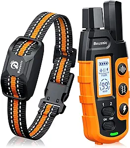 Humane and Safe, Eliminate Bad Behavior Effectively: Bousnic Dog shock collar features 3 humane training modes with adjustable beep(1-8 levels), vibration(1-16 levels), safe shock(1-99 levels). It helps your unruly and hard-headed dogs learn to be a better part of your household.
Extended 3300FT Range: Bousnic Dog Training Collar covers up to 3300Ft allowing your pet to roam farther. With dual-channel, It is perfect to train 2 dogs simultaneously outdoor at distances up to 3/4 mile.
Fits for All Sizes of Dogs 5-120lbs: Bousnic training collar for dogs is ideal to control dogs as small as 5 pounds and as big as 120 pounds. Instant response security on/off switch button allows you to carry it without any fear of accidental touch.
IP67 Waterproof Receiver: Bousnic electric dog collar can be used in any weather and any condition thanks to the IP67 waterproof design of the receiver (You’ll have to keep the remote control away from water).
Incredible Battery Life: Bousnic e collar for dogs training has a decent battery life. The receiver’s battery can last for up to 15 days in working modes while the remote for over 1 month. the long battery runtime is a true lifesaver on those camping or tailgating weekends.