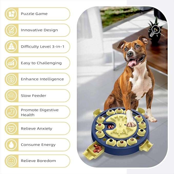 [Dog's Magic Cube Toy] This is a newly designed dog puzzle toy that resembles a magic cube. The toy integrates 2-in-1 difficulty levels into one, featuring drawers, sliding lids, flip lids, and rotating lids for treat boxes. As dogs play with the toy, they receive food rewards, engaging both their mind and body, which promotes brain development, stimulates their mental activity, and helps alleviate anxiety, allowing them to better integrate into family life.
[Safe Materials & Design] The product is made from food-grade ABS and contains no BPA, PVC, or phthalates, ensuring your dog's health is fully protected. You can confidently give it to your dog. It is chew-proof, scratch-resistant, durable, and non-deformable.
[Toy Component Description] The main body of the toy features one rotatable top lid with a cross shape, four treat boxes that can flip open, and eight treat boxes with sliding lids. Each treat box lid has a hole through which food can be directly placed, allowing the dog to smell the food and be attracted to the toy.
[Instructions for Difficulty Level 1] Place food in the four flip-open treat boxes. Dogs can use their paws or noses to flip open the lids and get food rewards. Add food to the drawer treat boxes; dogs pull it open with their paws to access the food. Add food to the eight sliding-lid treat boxes, and dogs can use their paws or noses to move and eat.
[Instructions for Difficulty Level 2] First, rotate the cross-shaped top lid and add food to the grooves. Then, push the four movable square sliding lids to the four corners of the cross-shaped top lid, locking it in place and preventing rotation. Dogs need to first push the square sliding li