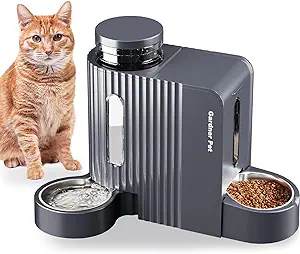 【Two-in-one Novel Design】-Integrated gravity automatic cat dog food feeder and water dispenser set (food feeder * 1, water dispenser * 1). The High-quality PP material and stainless steel bowl make it more strong. The feeding of stainless steel bowls is healthier for your pets. More practical, more convenient, and suitable for small and medium-sized dogs or cats. (Easily feed two pets at once)
【Large Capacity Pet Feeder】 -The large container can fill 0.8 gallons of water（3L） and hold 46 ounces of food（3L）. It can meet daily feeding needs for pets. You can rest assured when you go outside, on vacation, at work, party, and don't worry pets will be hungry. The folding bowl is also convenient when you take your pets out.
【Automatic Feeding System】-The food feeder and water dispenser automatically feed through gravity. There are two transparent windows for you to monitor, and you can refill it in time when the food and water are used up. The feeder cannot be connected to the APP and there is no timer feeding function. （This feeder doesn't need to be connected to a power source. Safer feeding for cats）
【The Left Water Dispenser Part】-(1)Adjustable water bowl base: The base can be adjusted 180 degrees and placed according to the owner's needs. It is more stable on the floor and will not be overturned or mess up your house. (2)This water dispenser adopts a spiral and spring valve design. (3)Cleaning notice：The water bowl base is designed to be rotatable. So the stainless steel bowl cannot be directly removed for cleaning. Please follow the instructions on the page.
【The Right Food Feeder Part】-(1)Sufficient food supply：This is an automatic gravity food feeder, different from other electronic intelligent feeders. Our feeder will provide enough food to pets through gravity without worrying about them going hungry. About 3.5 ounces of food is provided to the bowl by gravity. The design of large food outlets is to reduce food jams. (2)Easily cleaned：After removing the food from the container, you can directly take out the stainless steel food bowl for cleaning. （3）NOTE: This feeder is intended for dry pet food only and does not work for wet food.
【Easy Maintenance】-This pet feeder is simple to assemble and easy to clean (hand wash only). The bottom of the feeder has non-slip rubber pads to prevent being moved and knocked over. We recommend cleaning it once a week and checking the food regularly.