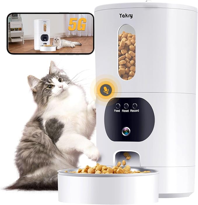 Pet Feeder Automatic Feeding Schedule: Free your hands at home, worry-free when you go out. The automatic cat feeders uses mature advanced technology to perfectly combine various electronic equipment technologies (electronic alarm clock, time relay, PLC, etc.) to realize automatically control feeding time and distribute food at regular intervals. You only need to easily set the feeding time and portions on your mobile phone, and you can provide your furry friends with a balanced, reasonable and healthy diet. It is a good helper for you when you go out, work overtime, busy, or sleep
Personalized Meal Calling and Two-way Audio: With your iOS or Android phone(5GHz or 2.4GHz WiFi optional) to easily feed and monitor your pet from anywhere at any time, smart APP WiFi control. Cat automatic feeders with voice control technology for personalized feeding calls, up to 10 seconds personalized meal voice can be recorded (play recording when feeding), makes every meal time fun for your furry friends. When you miss your little one, you can also communicate with it anytime on your phone, just like being by its side, it must be looking forward to hearing your voice
High-definition 1080P Camera and Stable Remote Monitoring: Automatic cat feeders with camera features HD 1080P pixels and advanced optical components, wide-angle, and a high-quality newly upgraded color sensor, achieving excellent image effects. You can clearly monitor your little one eating roughage, resting or playing near the feeder, ease your separation anxiety. Automatic dog feeder also has a built-in infrared night vision camera, which can obtain clear images even in the dark