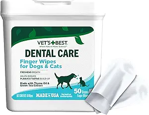 Vet's Best Dental Care Finger Wipes, Plaque & Tartar Remover For Teeth, Dog Dental Care Freshens Pet Breath, Teeth Cleaning Finger Wipes for Dogs & Cats, Dog Wipes, Pet Wipes For Cats, 50 Count