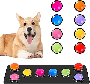 【8 Color Dog Buttons Set】- Talking buttons record commands such as "Eat", "Play", "Drink", "Dad", "MOM", "Yes", "No" and so on. "DAD", "MOM", "YES", "NO" and other commands. Let your pet communicate with you; with a little patience, you can get inside your pet's head. The dog talk button set is suitable for all kinds of small dogs, medium-sized dogs, large dogs and so on. Note: We recommend that you pre-train your pet to recognize the color-corresponding commands!
【30 Seconds Clear Recording】- Built-in storage unit, buzzer button allows you to record up to 30 seconds of clear sound. Your voice or any other voice. (Note: each recordable button requires 2 AAA batteries, batteries not included).
【Easy To Use】- Press the 'REC' button and start recording when you hear a beeping sound. Release the 'REC' button when recording is complete and hear 2 beeps to signify the end of recording. Press the pet button to hear your recorded soun.
【Meaningful Gifts】- The product offers a lot of unexpected entertainment and interaction. Example family games, pranks between friends, training with pets, communication for non-verbal autistic person etc.By recording simple words or sentences, any phrases you can use in your life, it allows you to understand your pet's thoughts, create a bond between you and your pet, and show your friends how smart your pet is! Give your pet a little more patience.
【Package & Warranty】-You will get 8 colors of buttons: red, navy blue, yellow, green, purple, lake blue, orange, rose red. Includes a pet behavior training sticker to help you remember different training actions. 1*Instructions for Use. Also we provide 3 Years Warranty and professional friendly 24hours/7days customer service. Please rest assured to buy our voice recording button. ﻿