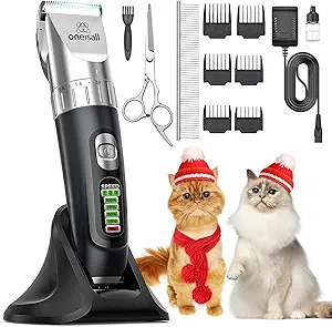 High-Performance Cat Grooming Clippers：oneisall cat clipper features a powerful motor with 5,500 RPM, shipping was extremely fast. It safely and effectively glides through your cat's fur with ease, gentle on the skin to ensure your pet feels no discomfort
Versatile Combs for Varied Needs：oneisall pet clippers comes with multiple-sized combs capable of handling various hair types and lengths, accommodating diverse grooming requirements. Meets all your pet's styling needs
Trim Cat's Hair Easily： Oneisall cat clippers unique design makes it perfect for beginners to groom their pets at home. Very easy to use and hold.It glides through your pet's fur without pulling, much like a hot knife through butter
Wireless and Rechargeable Modes：oneisall cat grooming cat with a 2000mAh battery, you've got enough juice to see a full grooming session through without worrying about mid-trim recharges. After clipping a large cat, you'll still have 80% battery left. In charging mode, you maintain robust motor power for swift cutting. Choose your preferred mode
Quiet and Durable Design：Operating below 50 decibels, it keeps your cat calm during grooming, reducing stress and anxiety. Easily detachable and washable blades, coupled with a robust design, minimize maintenance time and costs