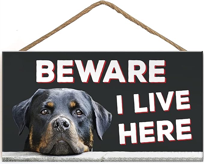 TOMATO FANQIE Beware I Live Here Rottweiler Hanging Outdoor Dog Warning Sign Gate Security Plaque 10 X 5 inch (US-G071)