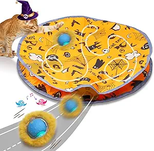 Electric cat ball rolling inside the baggie, make kitty in pouncing, scratching, catching, biting, hunting indoor game. No matter worried in finding ball everywhere. This Halloween pocket will bring you more funny in party time
Motion activated cat toy could be wake up by pet touched the ball (not pouch). While 10mins working times up, ball enter standby mode, but cats could wake up the game again by paw pat the rolling ball
Chirping bird songs could be on /off by quickly press the button twice. Your cats will love things that move under a cover and simulated bird sounds attract more attention
Long press 5s to power on, just distinguished the working mode by LED light. Fast rolling(blue light), Slow rolling(purple light), and interactive mode(yellow light). Under interactive mode, ball only active when cat pat it, responsive interaction gaming really gets their attention
View pic 5 - Rechargeble cat ball come with type c cable,easily fully charge within 2-3hrs. ***Choose 5V/1A adapter will more compatiable. Lights flashing when charge, keeping on when fully charged, view user guide to get more detail
DIY MORE - A baggie + interactive cat ball, built a playing garden for your high energy cat. Also your kitty could chasing arround room when you set the ball on floor. For the holiday party, birthday, Thanksgiving, Halloween, Christmas – or any day!