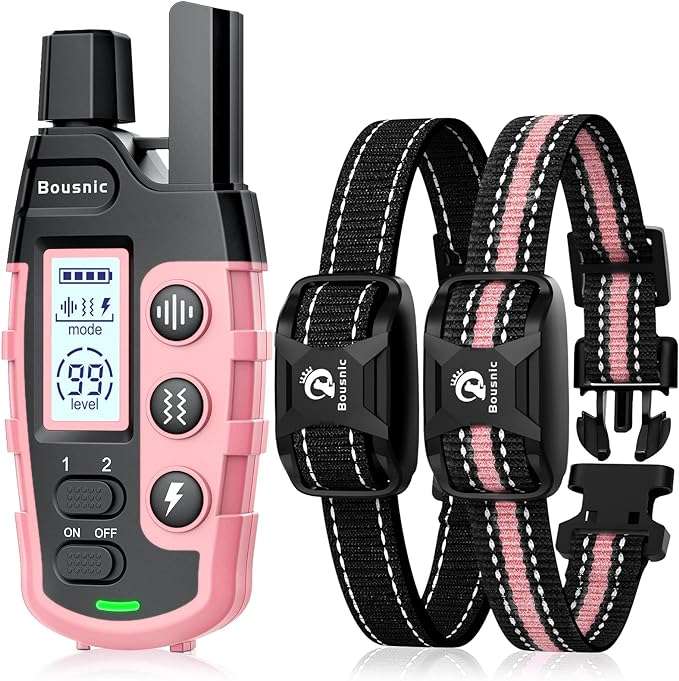 Bousnic Dog Shock Collar 2 Dogs (5-120Lbs) - 3300 ft Waterproof Training Collar for Dogs Large Medium Small with Rechargeable Remote, Beep (1-8) Vibration (1-16) and Humane Shock (1-99) Modes

3300ft Remote & Through-Wall Antenna: Bousnic dog training collar is delivered with a 1100yards (3300ft) control range, making it be freedom train indoors or in backyards without any delay to receive a signal, no more shouting and chasing to have a good boy!
3 Separate & Adjustable Training Modes: Our shock collars offer 3 humane operation modes, Beep (1-8), Vibration (1-16), and Safe Shock (1-99), allowing you to train dogs in accordance with their aptitude by choosing the best appropriate mode level, correcting bad behaviors in time.
IP67 Waterproof and Compact Receiver: The dog shock collar is designed with totally hermetic technology, freely enjoying showering, swimming, and stream-trekking. As well as the lightweight and compact size, great for puppy small, medium, and large dogs without any burden.