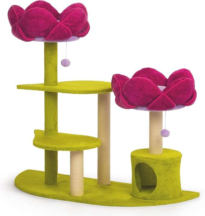 Features super soft, vibrant, plush fabrics
2 plush flower beds encompassed in velvety soft pillows to surround your feline in total comfort
Platforms for jumping and pouncing, multi-level scratching posts and plush dangling swat toys encourage kitty to play and explore
Jute rope scratching posts offer an appealing texture to cats, curbing inappropriate scratching behaviors
Cozy hideaway helps your cat or kitten feel more secure and avoid social stress