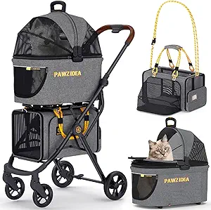 4-IN-1 DOUBLE-DECKER PET STROLLER - PAWZIDEA versatile pet stroller for 2 cats or dogs with a detachable travel carrier no zip canopy, 18x11x11in airline approved expandable pet carrier bag, seatbelt dog car seat combo, and dog/cat house. You can easily switch between different modes to suit your travel needs.
NO-ZIP ENTRY CANOPY & REMOVABLE CARRIER- No struggling with zippers by button lock! Could prevent sunlight & provide a great view for your fur-kids, and the interior is breathable and bright, easier to keep a close eye on your pet when pushing. Pet stroller with removable carrier with a larger easy-open zipper front door allows your fur-kids to get on and off the puppy stroller freely. Removable and washable canopy and double-sided seat cushion for easy keeping clean. The carrier load capacity is 15kg/33lb for small and medium dogs.
EXPANDABLE TSA AIRLINE-APPROVED PET CARRIER BAG - Zip open the front side to give your pet double the room to stretch and relax. It is a soft-sided and airline-approved under-seat cat carrier that measures 18x11x11 inches. The steel frames and sturdy fabric prevent the carrier from collapsing. It has two straps on the back that can go through the luggage handle or the car seat belt for easy and secure travel and vet visits. Foldable for easy storage when not in use. Holds up to 25 lbs of large cats.
CONVENIENT AND SAFE - The airline-approved dog carrier bag with a large side pocket. Customized ID card to record your pet’s information, self-locking zipper & safety leash clip to prevent your pet from escaping. Pet carrier top load and independent openings on both sides for your pet to enter and exit easily. More anti-scratch mesh provides better air circulation for your pet. Solid PP board bottom to prevent urine leakage and removable double-sided pad for easy cleaning. The shoulder strap can also be used as a dog leash and the shoulder pad can also be used as a dog poop bag dispenser.
EASY TO ASSEMBLE & FOLD - The pet stroller for 2 dogs has a one-handed quick-fold lightweight aluminum frame (only 11lb) for easy storage and transportation, and can stand independently without PU leather handle touching the ground. One-foot brake can easily stop the dog stroller. 4-wheel front and rear spring shock absorbers suspension to reduce vibration and maximize stability. Built-in bearings, 360° rotating front wheel for smooth maneuvering.