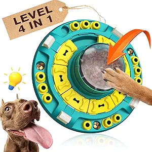 [With American local brand and appearance patent in the United States] This is an puzzle toy that can promote pets' brain development and improve pets' intelligence and it integrates 4 difficulty levels into one toy. This training toy can stabilize the dog's mood and character. The toy can also slow down the pet's eating speed and can correct the habit of eating too fast, which can better protect the dog's gastrointestinal health.
[Innovative centralized food supply] The toy adopts an innovative push-type food supply method. You only need to put dog food or treats into the granary. When the dog pushes down the granary, food will slide down to sliding-lid treat boxes around the toy. The dog can get the food reward by sliding the lids of the treat boxes, and the granary can hold a maximum of 16.6 oz. of dog food.
[Adjustable food dispensing speed and difficulty] There are six food dispensing holes in the granary, with a separate regulator for each hole, which can individually control the food dispensing speed and amount and supports 95% of dog food sizes on the market, and which can also control the dog's eating speed. Close some food dispensing holes to increase the difficulty of using the toy.
[Integrated 4 difficulty levels into one toy] By adjusting the limiter of the toy to increase or reduce the number of sliding-lid treat boxes that can be moved. and by adjusting the food dispensing channel to control the food dispensing speed and difficulty. With 4 difficulty levels integrated into one toy, the detailed usage is displayed in our product video.
[Safe material and anti-slip design] The product is made of food-grade ABS without any Bisphenol A, PVC and Phthalates, which completely protects the dog's health, so you can use it for your dog without concern. There are four non-slip pads to the bottom of the toy, which are to prevent the toy from being knocked over during use and will not leave any sticky marks after use.