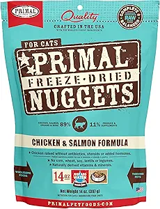 Primal Freeze Dried Raw Cat Food Nuggets Chicken & Salmon, Complete & Balanced Meal or Topper, Premium, Healthy, Grain Free, High Protein Raw Cat Food with Probiotics