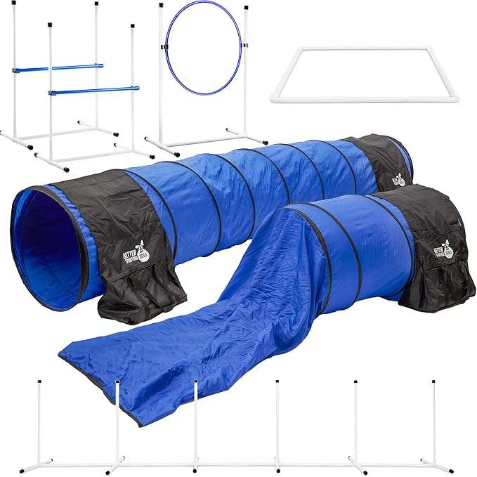 UNLEASH YOUR DOG'S POTENTIAL: Transform your backyard into a canine adventure wonderland with our Better Sporting Dogs agility equipment. We've redefined backyard agility with our 10’ long tunnel, 24” in diameter adjustable tire dog jump, (2) 26” wide adjustable bar jumps, 6 fixed base weave poles, a chute tunnel, a pause box, and carrying cases for each gear.
DESIGNED BY DOG LOVERS, FOR DOG LOVERS: Our dog agility course backyard set was designed by passionate enthusiasts who wanted to strengthen the bond and increase interaction between the owner and their dog. Unlike others, we offer dog agility equipment that's easy to assemble with minimal unique parts.
AGILITY MADE SECURE AND STABLE: Our dog agility tunnel includes sandbags to minimize movement. By utilizing the sand bags on either end of our agility tunnel, you will no longer need to worry about metal stakes. Using sandbags is a safe and secure method of keeping your tunnel in place.
VERSATILE AGILITY ANYWHERE, ANYTIME: Our dog agility training equipment is lightweight, durable, and suitable for indoor or outdoor use. With fixed bases, you're covered on any surface. Train your dog in all weather conditions, both indoors and outdoors.
WE'RE YOUR DOG AGILITY PARTNERS: We're not just another brand, we're dog lovers like you. As a US-based company, we offer top-notch customer support and will support you along every step of the way, so you can focus on agility training your dog to the fullest.