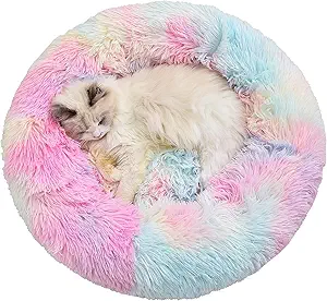 Geizire 24 inch Large Cat Bed Dog Bed for Cats, Small/Medium Dogs, Washable Donut Calming Round,Soft Fluffy Warm and Cozy Anti Anxiety Cuddler, Joint-Relief Pet Bed(24'', Rainbow)