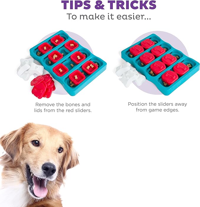 Our most versatile dog puzzle yet – this Level 2 Intermediate treat game is a great way to introduce puzzles to pets who have little to no experience while still providing an interactive challenge for smart dogs
Provides mental stimulation to help bust boredom – 15 minutes of mental stimulation is equal to 30 minutes of physical activity, giving dogs and puppies of all ages and sizes the exercise they crave
Helps reduce dog anxiety and redirect unwanted behaviors like excessive barking, chewing, and digging in a fun and exciting way
Multiple ways to play – dogs pick up bones, flip open lids, and move sliders to find hidden treats; check out our Tips and Tricks for ways to make the game easier or harder for your pet
Fun with dog treats or kibble – holds 3/4 cup of dog food; can be used as a puzzle feeder at mealtime to help slow eating pace