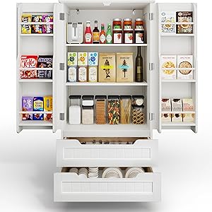 Gizoon 47" Small Kitchen Pantry Storage Cabinet with Drawers Freestanding Bathroom Storage Cabinets with Doors and Shelves, Small Food Pantry Cabinet for Dining Room Craft Room, White