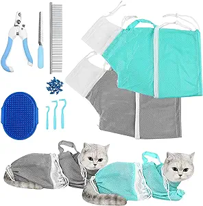 Package Includes: Our cat bathing bag includes 2pcs adjustable cat bathing net bags, 1 pet bathing brush, 1 nail clipper, 1 nail file, 1 set of glitter cat nail cap with glue and pointed tip and 3 pet tick tools
Unique Design: The cat washing bag is loose enough to be worn easily on the cat with adjustable drawstring and zipper, which can adjust the tightness to make the cat feel relaxed and comfortable. You can bathe your cats securely and prevent you from scratches
Premium Material: The cat bathing bag is made of polyester, which is scratch-resist, bite-resistant and wear-resistant. Besides, with good air permeability, the bag is easy to clean and dry. The bags are designed with 2 colors for your replacements
Wide Application: The cat bag for bathing is suitable for bathing, trimming nails, cleaning teeth and ears, examining, injections, etc., which is convenient for you to take care of your pet at any time, without spending more to go to the pet salon
Easy to Use: The cat shower bag set is a good helper for pet care. With the size of 21.6 inch long and 12 inch in head circumference, the cat’s body can be wrapped completely and controlled effectively, saving you lots of energy on cat’s bathing