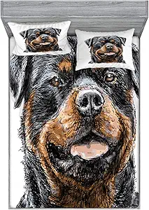 Ambesonne Rottweiler Fitted Sheet & Pillow Sham Set, Hand Drawn Image of Dog Type Realistic and Furry, Decorative Printed 3 Piece Bedding Decor Set, Full, Brown Grey
