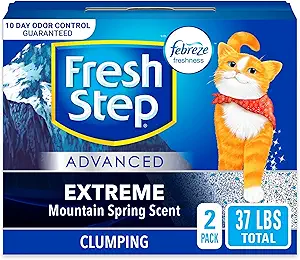 FRESH STEP CLUMPING CAT LITTER: Two 18.5-lb. boxes of Fresh Step Advanced Extreme Clumping Litter with Febreze freshness with Mountain Spring scent to keep litter boxes smelling fresh
ADVANCED ODOR PROTECTION: Fresh Step cat litter extreme features an advanced formula that starts fighting odors on contact to control odor longer (1) 10
RAPID LIQUID ABSORPTION: Fresh Step Clumping Cat Litter quickly absorbs liquid, ensuring a dry and clean litter box environment for your cat's comfort
FORMS TIGHT CLUMPS: Fresh Step litter with ClumpLock technology locks in liquid and odor on contact and forms tight clumps to make scooping easy and prevent crumbles from being left behind
FRESH, CLEAN SMELL: Fresh Step cat litter uses the power of Febreze with a tough odor-eliminating formula to block cat urine odors, so all you smell is the crisp Mountain Spring scent
LOW-DUST FORMULA: Low-dust Fresh Step clumping cat litter formula helps keep your floors and cat litter box area cleaner
FIND YOUR FRESH STEP: Whether you have one fab feline or a family of fur friends, explore Fresh Step’s full line of cat litter formulas to find the purr-fect litter for you