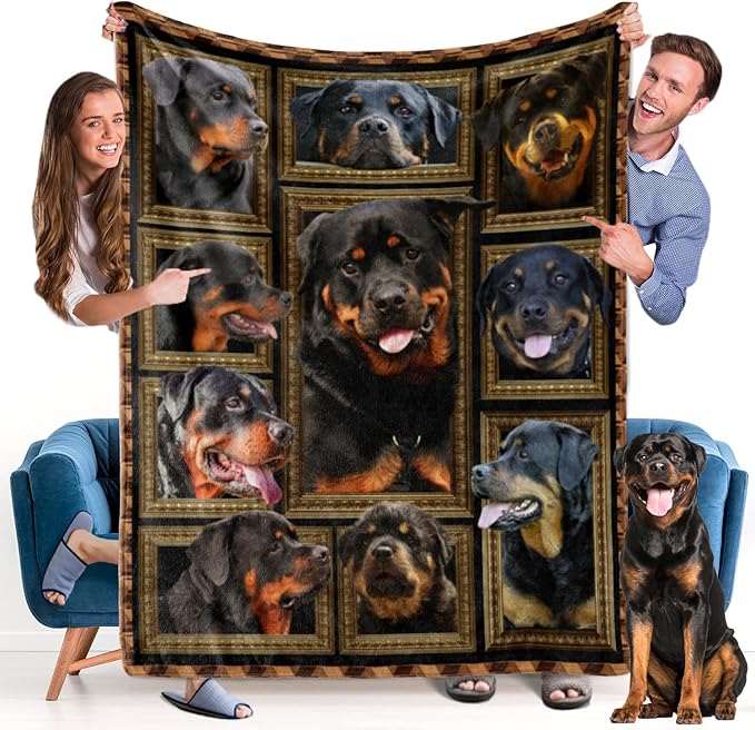 ROTTWEILER BLANKET - This cozy blanket collection features a mix of bold and rottweiler print that easily blends with your existing decor. They’re resistant to wrinkles, static and fading, making them ideal for indoor and outdoor use.
ELEGANT AND COZY - Crafted from a lightweight fabric with a flannel construction, these plush throw blankets offer soft comfort as you snuggle them up while reading, relaxing after a long day or just lazing around.
SIZE - The 50 x 60 inch sizing makes it the perfect lap blanket while its colorful designs and patterns add some style and warmth to your home. A practical yet attractive addition to your couch, chair or loveseat, twin size (60 x 80 inch) plush throw is perfect for wrapping yourself in luxury during the colder weather.