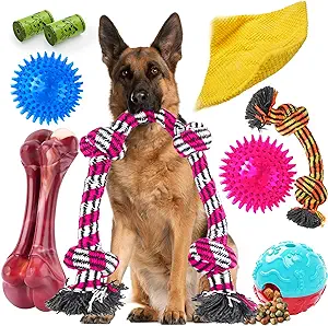 9 Bundle Dog Toys Package:Special for Medium to Large breeds dogs weighing 45-140lbs.Include 2*heavy rope tug toy, 2* squeaky toys, 1*sturby bone chew toy,1*magic squeaky mat,1*treat ball, 2*dog poop bag rolls. Toys meet daily needs and prevent boredom
Tough Toys for Super Aggressive Chewers:Rope toys - much larger & thicker than others, tight weave & sturdy knots withstand heavy chewing, suitable for anti-wear & anti-bite
Teeth Clean:Chew toys can not only improve dog's chewing ability, but also meet the needs of cleaning. We will always protect your dog's teeth, make them keep fresh breath
Funny Interactive Large Dog Toys:Designed for XL large dogs, very suitable for tug-of-war, toss & fetch in interactive games.Interacting with your dog prevents boredom, reduces stress, improves bonding, and is great for indoor and outdoor play