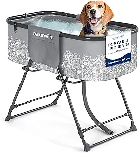 SMALL TO MEDIUM PETS: This pet bathtub is designed to accommodate a variety of small to medium-sized pets up to 130 lbs. Ideal for bathing, showering, and grooming, it ensures your pet remains clean and happy.
PORTABLE: This lightweight, foldable pet wash station is easily portable for indoor, outdoor, or on-the-go use, with removable non-slip legs for easy storage or transport. The tub measures 33.5” L x 18.9” W x 11.5” D, with a maximum height of 34” on the stand.
360-DEGREE ACCESSIBILITY - With its elevated design, this dog bathtub ensures effortless access from all angles. Plus, it includes two side pockets for handy storage of grooming tools or accessories.
EFFORTLESS WATER REMOVAL - With its integrated drainage system, including a flexible hose and stopper, this dog tub ensures easy cleanup, saving you time and effort after each session.
LEASH RESTRAINT INCL.- The dog tubs for bathing include a three-point leash restraint with an adjustable collar for secure and easier pet handling, making pet care a breeze.