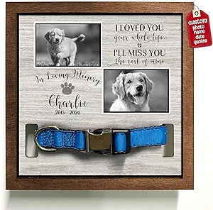 PRINTING: We utilize state-of-the-art UV printing technology to ensure vivid and long-lasting colors on our products. Rest assured, you can expect a high-quality item that showcases sharp and durable printed details.
HIGH-QUALITY MATERIAL: The cat collar picture frame for dog lovers is made of sturdy Plywood. Furthermore, we have two frame colors to choose from: grey and walnut. Having a beautiful keepsake to look at every day can help to alleviate some of the pain. Please keep in mind that the pet collar is NOT included.
SENTIMENTAL GIFTS: We offer personalized cat memorial frames with lovely designs for Mother's Day, Father's Day, Thanksgiving Day, Christmas gifts from granddaughter to grandmother, Best Dog Ever Gifts, the memorial gifts sympathy for loss of pet photo frame, Valentine's Day, Halloween, New Year's, etc. with a heartfelt message, pet image, and photos.
ITEM DIMENSIONS: Our customized pet loss sign comes in two sizes, 8x8" and 8.7x10.6," and serves a variety of purposes. Additionally, you may use a personalized pet memorial frame as a table decoration or as a part of your home decor by placing it on a shelf, mantle, table, or wall. It will be a lovely pet memorial piece.
OUR RETURN POLICY AND CUSTOMER SERVICE: Please get in touch with us if you have any issues with our return policy or customer care. We will try our best to meet your expectations and react within 24 hours.