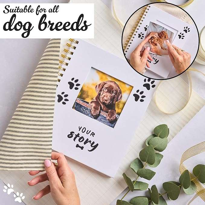 he Ideal New Puppy Gift - Your Story tells the unique story of your dog's life. Capture every minute and moment in this beautiful dog keepsake diary. Designed by dog owners and lovers, we've pawwed our heart and soul into making Your Story the ultimate companion to document the life of your dog.
Room For Photos & Paw Prints - Your Story captures every moment of your dogs life. 65 photos slots to capture everything from their first bath and walk, up to their 5th birthday. Never miss a moment and capture all of those beautiful bonding moments.
From Puppyhood - The book is a total of 96 pages long and starts from the moment you get your new puppy and covers every milestone. Document their weight, the fun and unique things they do, as well as each birthday and memorable moment. Dog mom gifts have never looked so beautiful.
A Lasting Legacy - Your Story also acts as a Dog Keepsake Memorial. Capturing moments up until their passing, the effect they have had on your life, as well as how they left an impact on others. There really isnt a better gift for a dog owner than Your Story. Create a timeless dog scrapbook keepsake that your family will cherish for a lifetime.
KEY INFO: 96 Pages - Storage Pocket - Fits 4x6 photos, Beautiful Quotes, Unique Illustrations. Sections include: Welcoming You, Welcome Home, Naming You, Puppyhood, First Photos, Paw Prints, Weight Chart, Training You, Your Favorites, Year 1-5, Your Adventures, Your Achievements, Your Senior Years, Remembering You . Dimensions: 7 1/2" x 9 1/4"