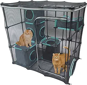 FRESH AIR FUN: Fully-enclosed playset is made of a nylon mesh – let’s in fresh air and gives you a good view of your pets at play whether it’s indoors or out! And the mesh is durable too, enough to withstand energetic play and the occasional claw climb.
SPOTS TO HIDE AND SNOOZE: Included cubby cubes are rearrangeable inside the structure, giving you plenty of ways to keep your cats engaged by mixing it up over time. Each is a perfect spot to curl up and get away from the action.
GREAT FOR MULTI-CAT HOMES: Have more than one cat at home? No problem at all! Kitty City mesh playsets offer plenty of room for several pets to run, hide and chase. It’s a relatively small footprint in your home for all the energy it will help them burn.
EASY ENTRANCE: A zip door in the side makes it easy for you to get into the Mega Kit – handy if you have a cat who’s curled up and just can’t be bothered to come out for dinner.
ENDLESSLY EXPANDABLE: Want to create a complete cat fortress? Use tunnels to zip this piece together with other Kitty City mesh playsets to make an endless number of ways to keep playtime fresh for your cat.