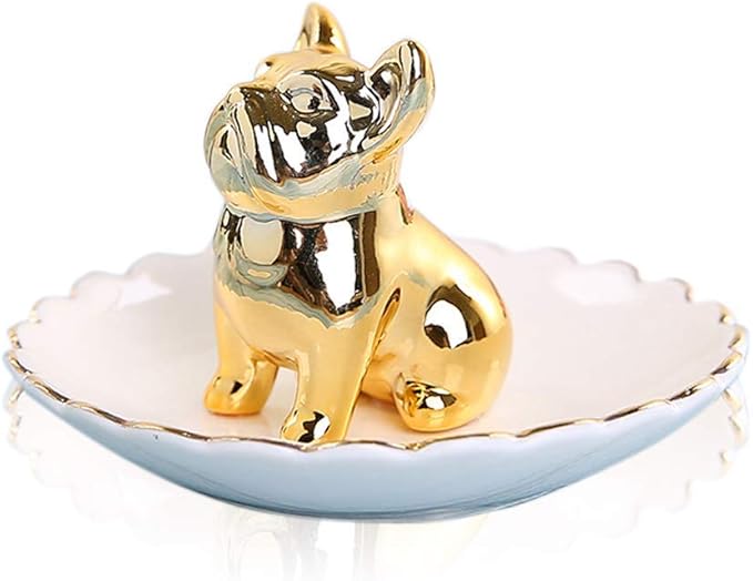 Lependor Dog Ceramic Jewelry Tray Ring Holder Trinket Dish Necklace Earrings Rings Jewelry Organizer Display Jewelry Trinket Holder Home Decoration - Gold Bulldog