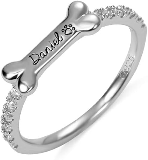 AILIN Bone Shape Personalized Name Ring Pet Dainty Ring With Cubic Zirconia 925 Sterling Silver Gold Color Engraved Puppy Dog Ring Pet Lover Custom Gifts for Men Women