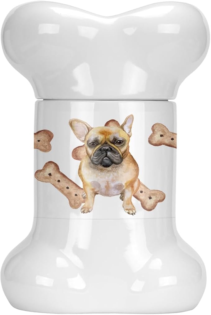 Caroline's Treasures CK2268BSTJ Frenchie French Bulldog Bone Shaped Treat Jar Dog Treat Dog Biscuit Kitchen Canister with Lid Cookie Jar Snack, White