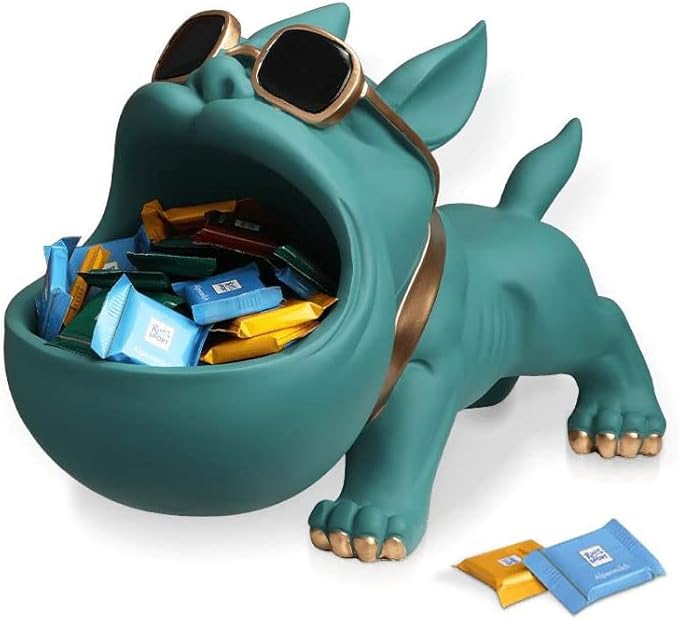 CUZOKOLA Large Size Cute French Bulldog Gifts Statue Animal Blue Turquoise Dog Candy Dish Modern Candy Bowls for Office Desk Big Mouth Storage Resin Figurine for Home Decor with Gold Glasses Frame Key