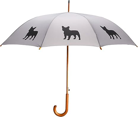 Premium French Bulldog Rain Umbrella (Black on Silver) - Strong, Durable, Windproof & Resistant With Fiberglass Ribs Stick Umbrella