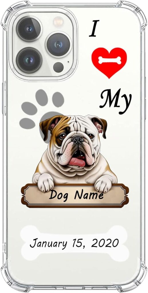 Custom Dog Name English Bulldog Dog Clear Case for iPhone 15 14 Pro Max 13 12 11 Xs Max Xr SE3 8 7 6 Plus 11 Pro Mini，with 4 Shockproof Corners Personalized Phone Cover for Dog Lover