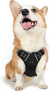 Medium Dog Harness - Recommended Breeds: Medium Dogs, such as Boston Terrier, Dachshund, Heeler, Bulldog, Boxer, Puggle, Australian Shepherd, etc. Please measure the size carefully before purchasing this present for your puppy. Make your puppy stand out with this Classic Black Harness!
No Pull, No Choke - Our non-pulling dog harness is specially designed with 2 metal leash rings for safer dog walks. Use the chest attachment clip to stop your dog from pulling on walks, perfect for dog training or dogs who tend to pull. The back one is great for casual walks, jogging, hiking, etc
Easy to Use - This hassle-free overhead harness is easy to put on and take off with its 2 fast-release buckles. Slide the harness over your dog's head, buckle it up, adjust the straps, and here you go! Grab the top handle for additional control. Lightweight and easy to clean
Fully Adjustable - This adjustable harness features 4 easy adjusting straps around the body. You can use its 2 neck straps and 2 chest straps to create a perfect fit for your dog with some room of growth. No worries about slipping out or choking
Safe and Comfortable - Your dog will enjoy the daily walk in this comfort dog harness! Made of sturdy nylon oxford and padded with soft cushion to protect your dog's skin. Breathable air mesh keeps your dog cool during outdoor activities. Super bright reflective strips ensure a safe walk both day and night